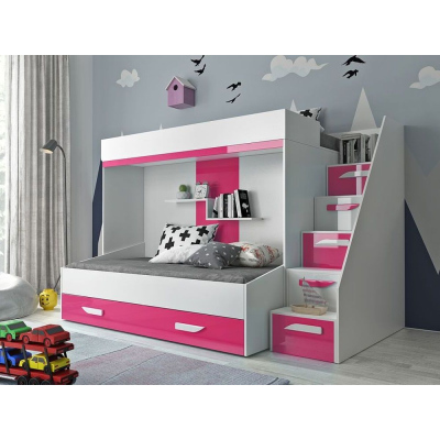 Detská poschodová posteľ s úložným priestorom Derry - biela/ ružová