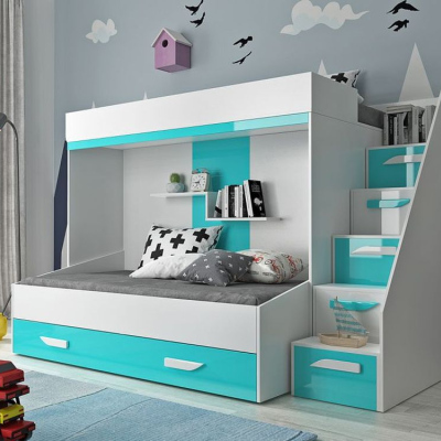 Detská poschodová posteľ s úložným priestorom Derry  - biela/tyrkys