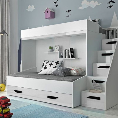 Detská poschodová posteľ s úložným priestorom Derry  - biela/čierne úchyty