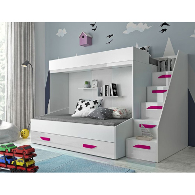 Detská poschodová posteľ s úložným priestorom Derry - biela/ružové úchyty