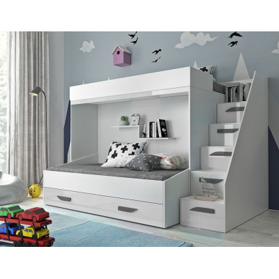 Detská poschodová posteľ s úložným priestorom Derry - biela/šedé úchyty