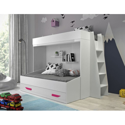 Poschodová posteľ s úložným priestorom Lada - biela/ ružové úchyty
