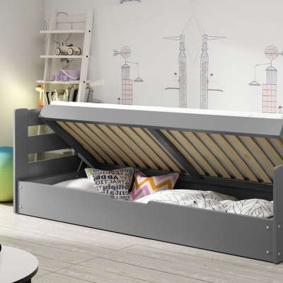 Detská posteľ s úložným priestorom a matracom 90x200 LYDIE - grafit