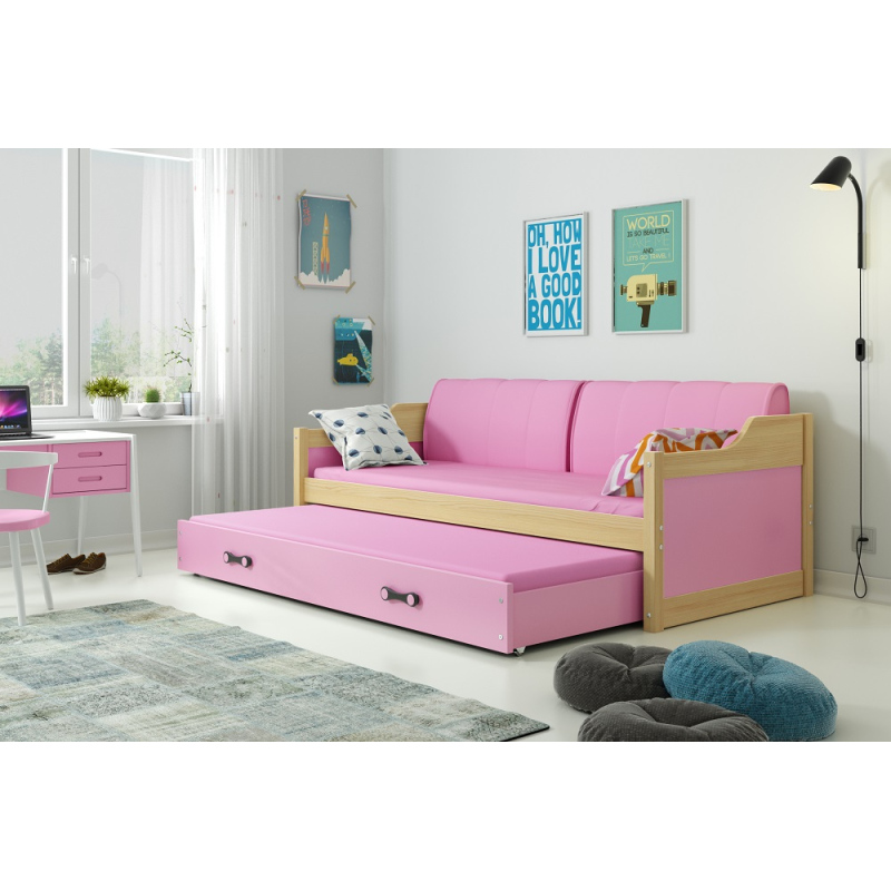 Detská posteľ s prístelkou a matracmi 90x200 GEORGINA - borovica / ružová