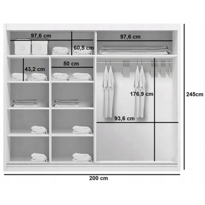 Priestranná šatníková skriňa AMADEO, šírka 200 cm, výška 245 cm