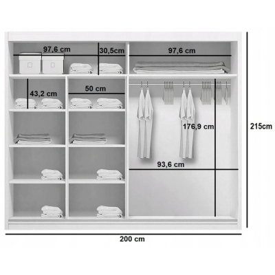 Šatníková skriňa so zrkadlom ANASTACIO, šírka 200 cm, výška 215 cm