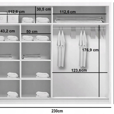 Šatníková skriňa so zrkadlom ANASTACIO, šírka 230 cm, výška 215 cm