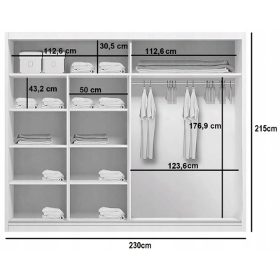 Šatníková skriňa so zrkadlom ANASTACIO, šírka 230 cm, výška 215 cm