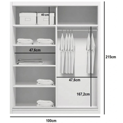 Priestranná zrkadlová šatníková skriňa ANTONIO, šírka 100 cm, výška 215 cm