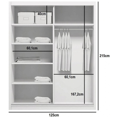 Priestranná zrkadlová šatníková skriňa ANTONIO, šírka 125 cm, výška 215 cm