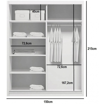 Priestranná zrkadlová šatníková skriňa ANTONIO, šírka 150 cm, výška 215 cm