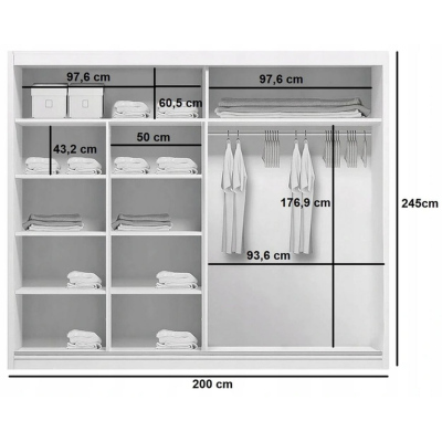 Zrkadlová šatníková skriňa GABRIEL, šírka 200 cm, výška 245 cm