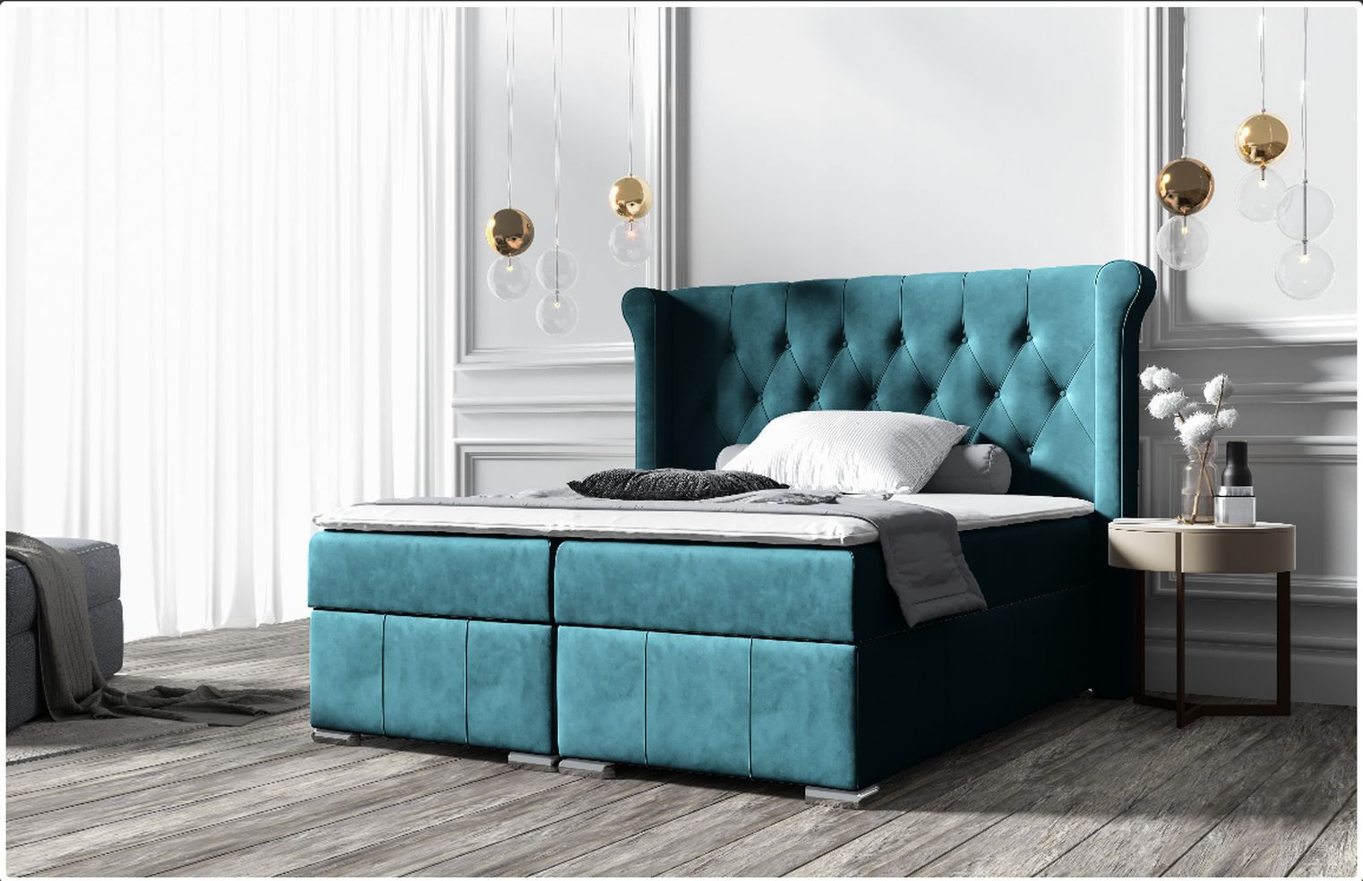 Elegantná čalúnená posteľ 140x200 MAXIMO - tyrkysová + topper ZDARMA