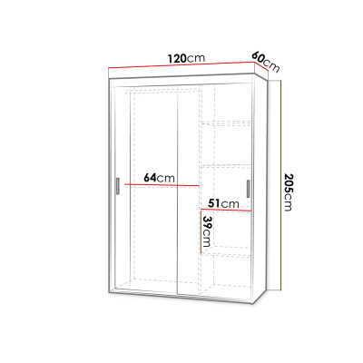 Šatníková skriňa 120 cm s posuvnými dverami a zrkadlom ZITA - biela