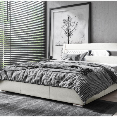 Čalúnená posteľ s úložným priestorom a osvetlením 200x200 LEXI - biela ekokoža