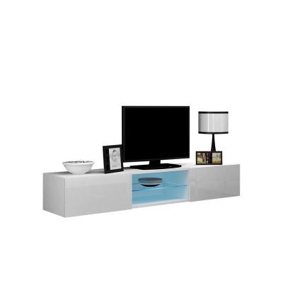 Televízny stolík so sklenenou poličkou a LED osvetlením ASHTON 180 - lesklý biely