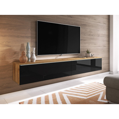 Televízna skrinka s LED osvetlením 180 cm WILLA D - dub wotan / lesklá čierna