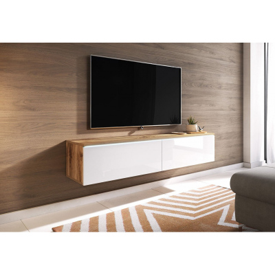 Televízna skrinka s LED osvetlením 140 cm WILLA D - dub wotan / lesklá biela