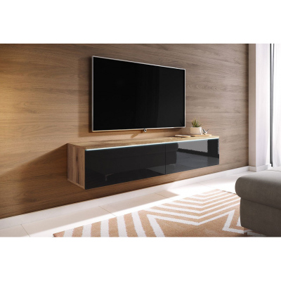 Televízna skrinka s LED osvetlením 140 cm WILLA D - dub wotan / lesklá čierna