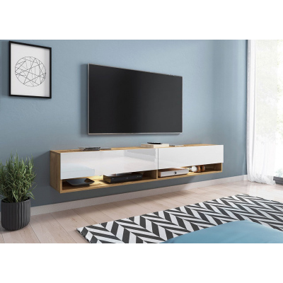 Televízny stolík s LED RGB osvetlením 180 cm WILLA A - dub wotan / lesklý biely