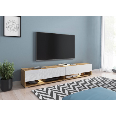 Televízny stolík s LED RGB osvetlením 180 cm WILLA A - dub wotan / lesklý biely
