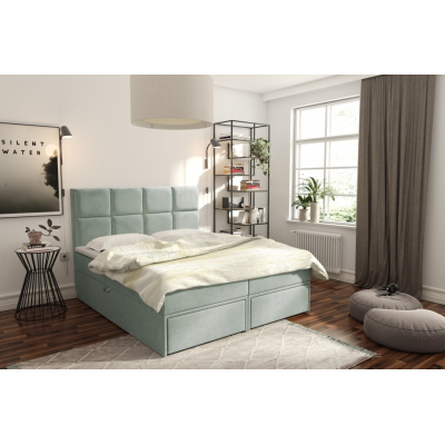 Čalúnená posteľ s úložným priestorom a zásuvkami 200x200 GARIK - svetlozelená