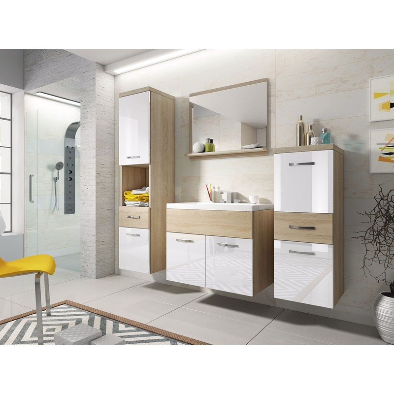Kúpeľňová zostava s umývadlom WINNA - dub sonoma / lesklá biela + sifón a batéria Platino ZDARMA
