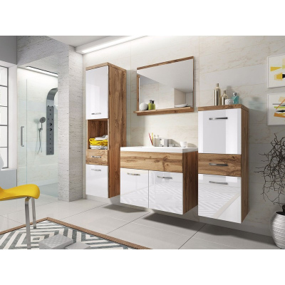 Kúpeľňová zostava s umývadlom WINNA - dub wotan / lesklá biela + batéria Economico ZDARMA