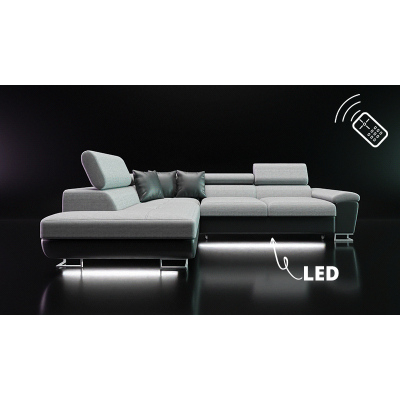 Rozkladacia sedačka s úložným priestorom a LED podsvietením SAN DIEGO - biela ekokoža / šedá, pravý roh