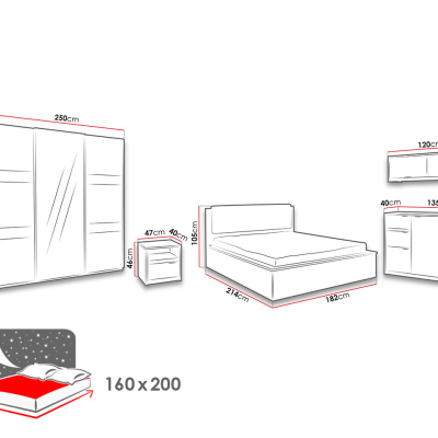 Spálňová zostava s LED osvetlením a posteľou 160x200 PEORIA 6 - dub monastery / lesklá čierna