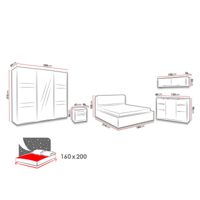 Spálňová zostava s LED osvetlením a posteľou 160x200 PEORIA 6 - dub monastery / lesklá čierna