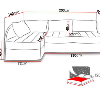 Rozkladacia sedačka s úložným priestorom ROANOKE - čierna ekokoža / čierna / vzorovaná 1, ľavý roh