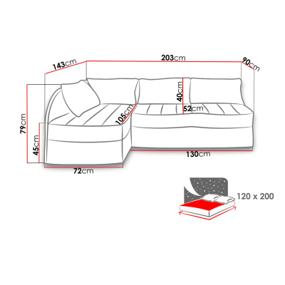 Rozkladacia sedačka s úložným priestorom ROANOKE - čierna ekokoža / čierna / vzorovaná 1, ľavý roh