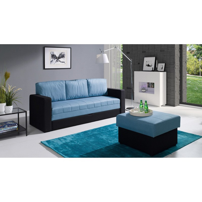 Pohovka s úložným priestorom a taburetom CHEMUNG - čierna / modrá