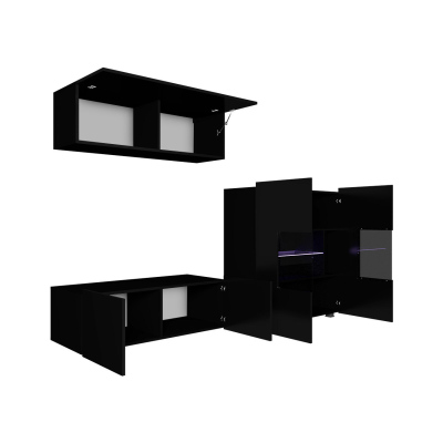 Obývacia stena s LED modrým osvetlením CHEMUNG 5 - čierna / lesklá čierna