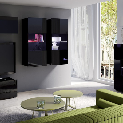 Zostava do obývacej izby s modrým LED osvetlením CHEMUNG 12 - čierna / lesklá čierna