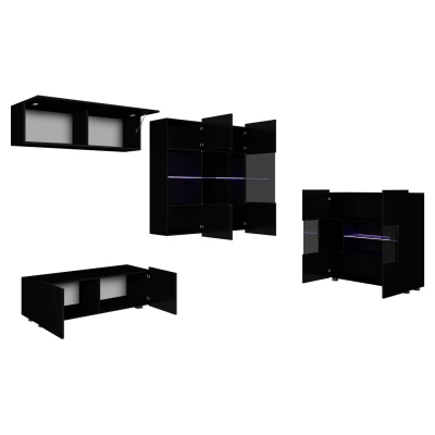 Zostava do obývacej izby s bielym LED osvetlením CHEMUNG 12 - čierna / lesklá čierna