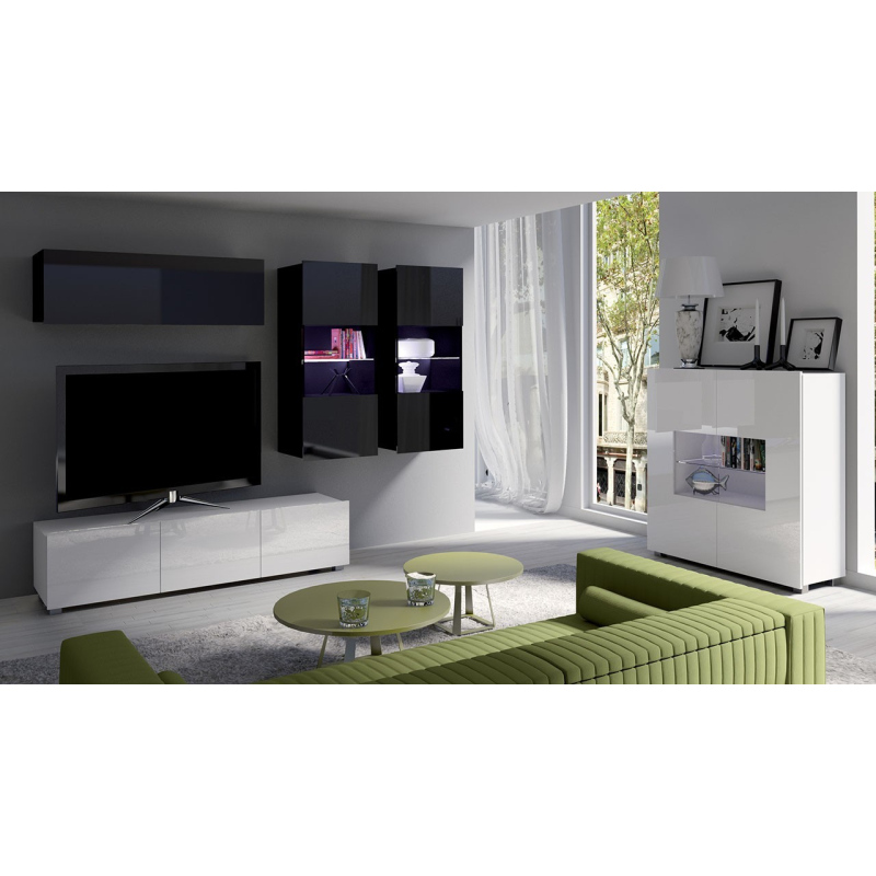 Zostava do obývacej izby s LED bielym osvetlením CHEMUNG 7 - lesklá biela / lesklá čierna