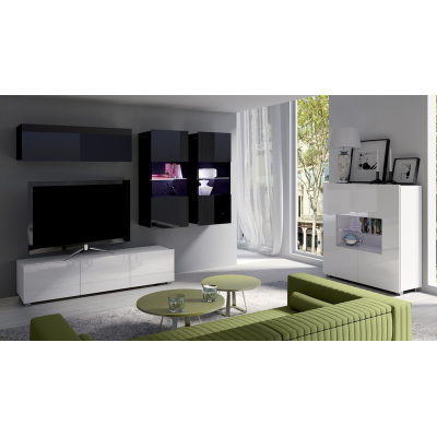 Zostava do obývacej izby s LED modrým osvetlením CHEMUNG 7 - lesklá biela / lesklá čierna