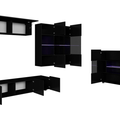 Zostava do obývacej izby s LED modrým osvetlením CHEMUNG 7 - čierna / lesklá čierna