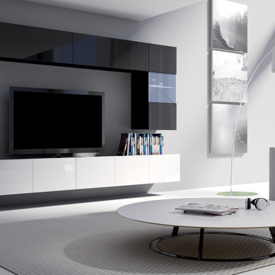 Obývacia stena s LED bielym osvetlením CHEMUNG 1 - lesklá biela / lesklá čierna