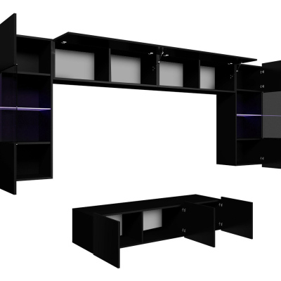 Obývacia stena s LED modrým osvetlením CHEMUNG 2 - čierna / lesklá čierna