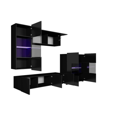 Obývacia stena s LED modrým osvetlením CHEMUNG 3 - čierna / lesklá čierna