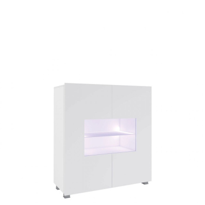 Presklená komoda s LED modrým osvetlením CHEMUNG - biela / lesklá biela