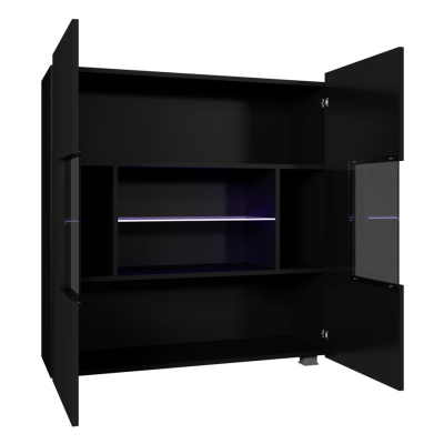 Presklená komoda s LED modrým osvetlením CHEMUNG - čierna / lesklá čierna
