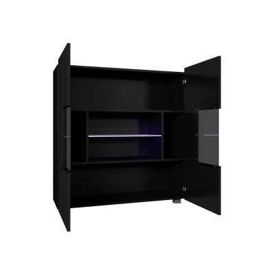 Presklená komoda s LED modrým osvetlením CHEMUNG - čierna / lesklá čierna