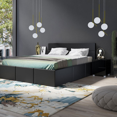 Spálňová zostava s posteľou 160x200 cm CHEMUNG - čierna / lesklá čierna / čierna ekokoža