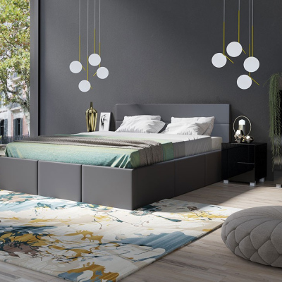 Spálňová zostava s posteľou 160x200 cm CHEMUNG - čierna / lesklá čierna / šedá ekokoža
