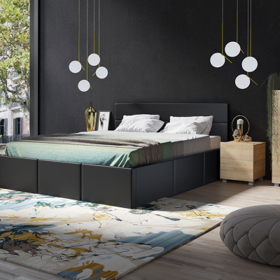 Spálňová zostava s posteľou 160x200 cm CHEMUNG - dub zlatý / čierna ekokoža