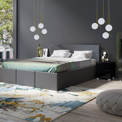 Spálňová zostava s LED modrým osvetlením a s posteľou 160x200 cm CHEMUNG - čierna / lesklá čierna / šedá ekokoža